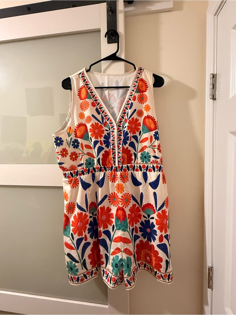 Cream Floral Embroidered V-Neck romper